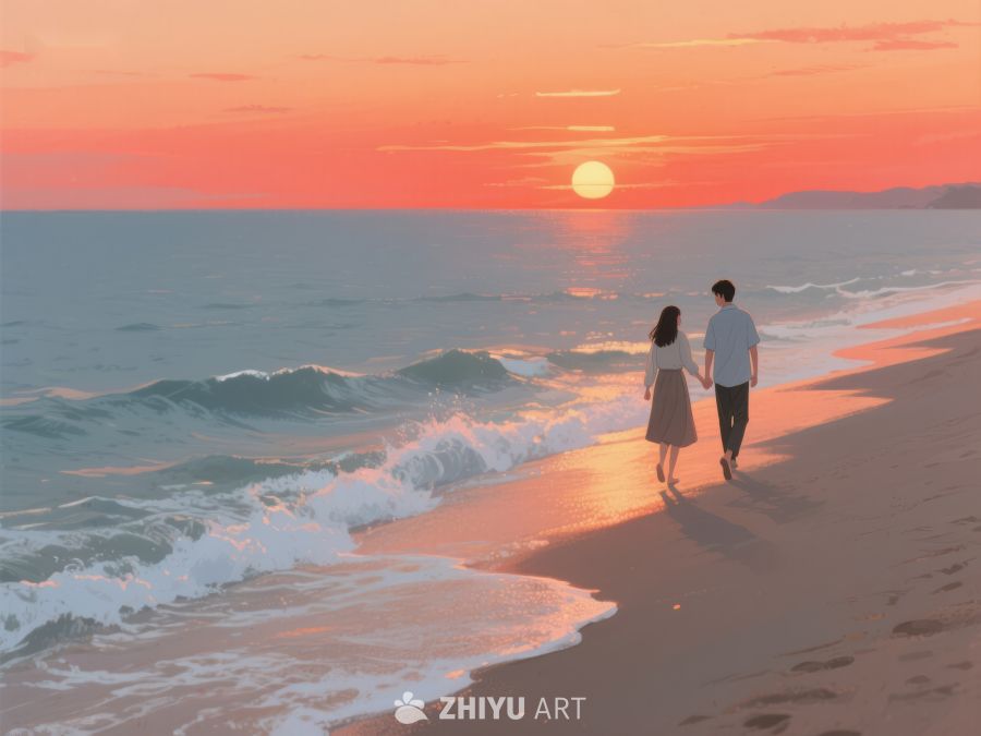 情侣海边漫步，夕阳映照波浪 535
