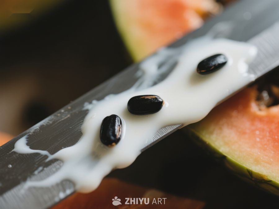 切开的西瓜与刀上的瓜籽和汁液 421