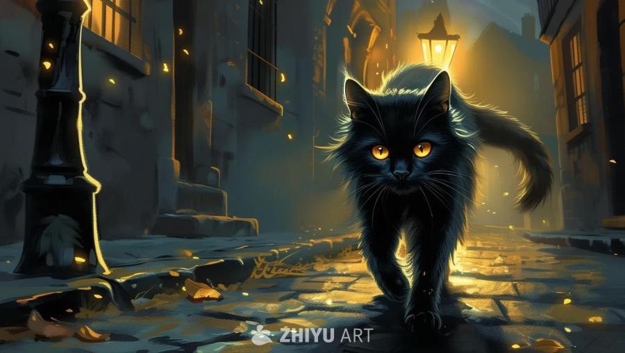 一只黑猫走在街道上，它的眼睛是金色的。街道光线昏暗