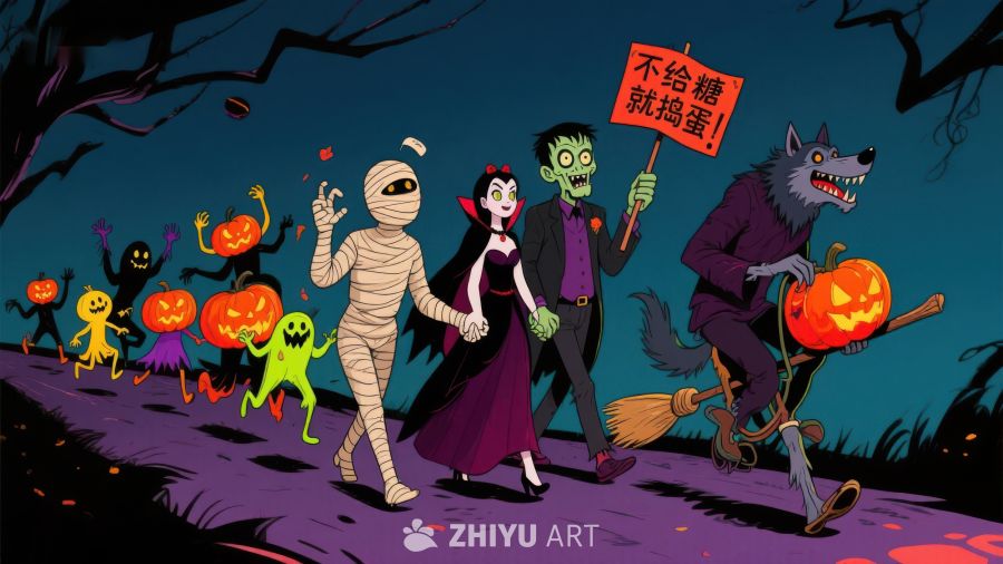 万圣节夜游，鬼怪齐欢庆