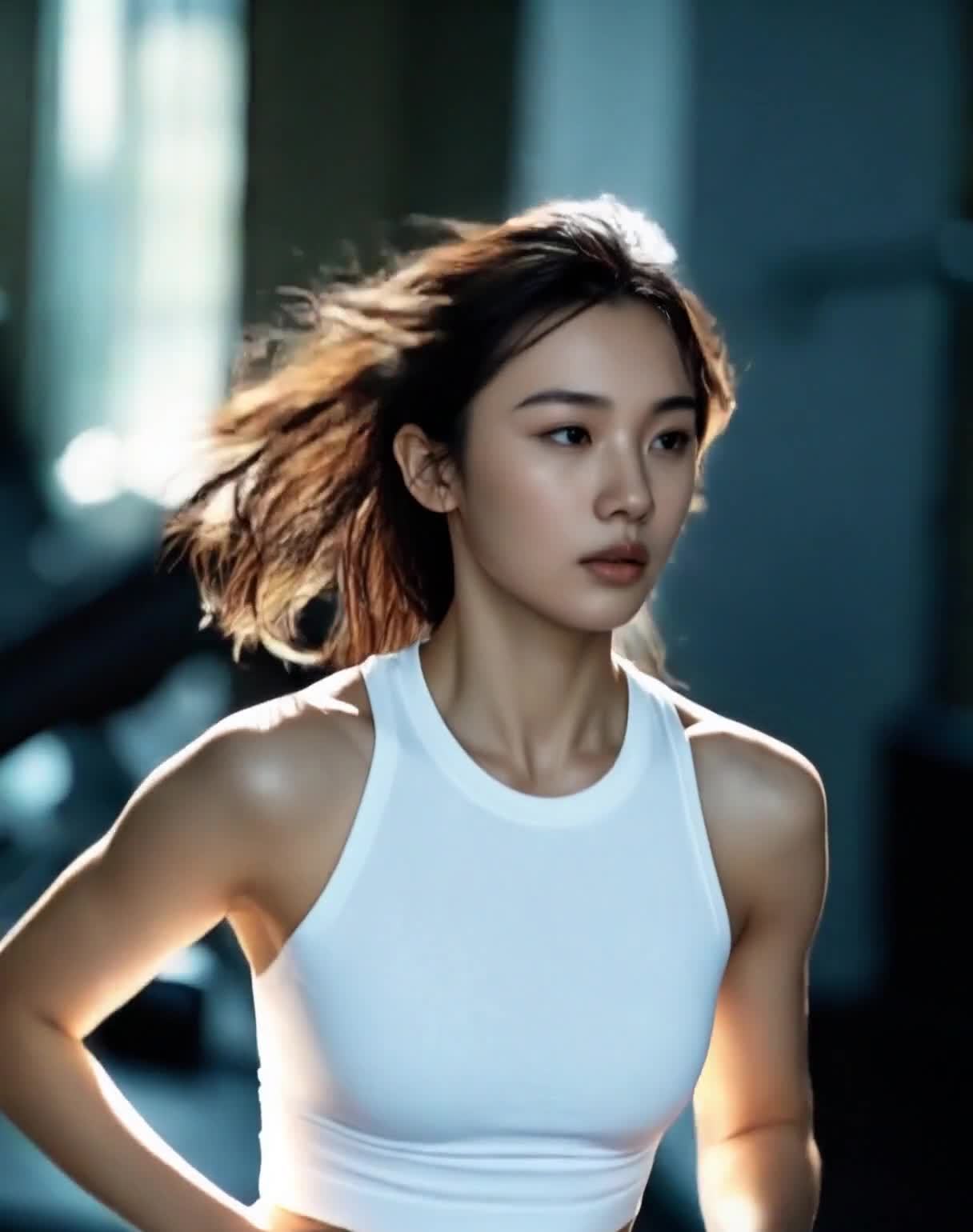 健身房内挥洒汗水的跑步女性，阳光侧影。
