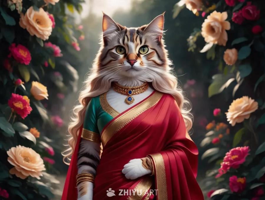 一只长毛猫穿着红色纱丽，纱丽领口设计别致。猫佩戴着