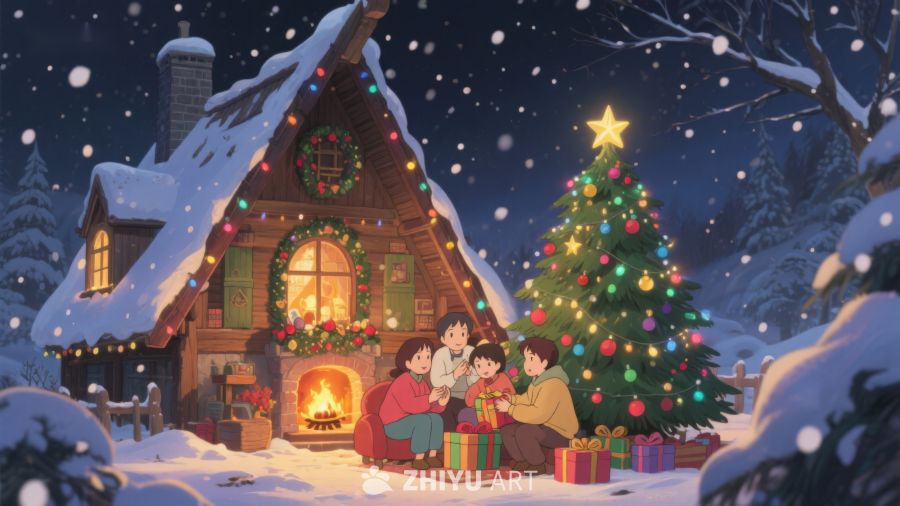 雪夜温馨家庭圣诞树前欢聚 383