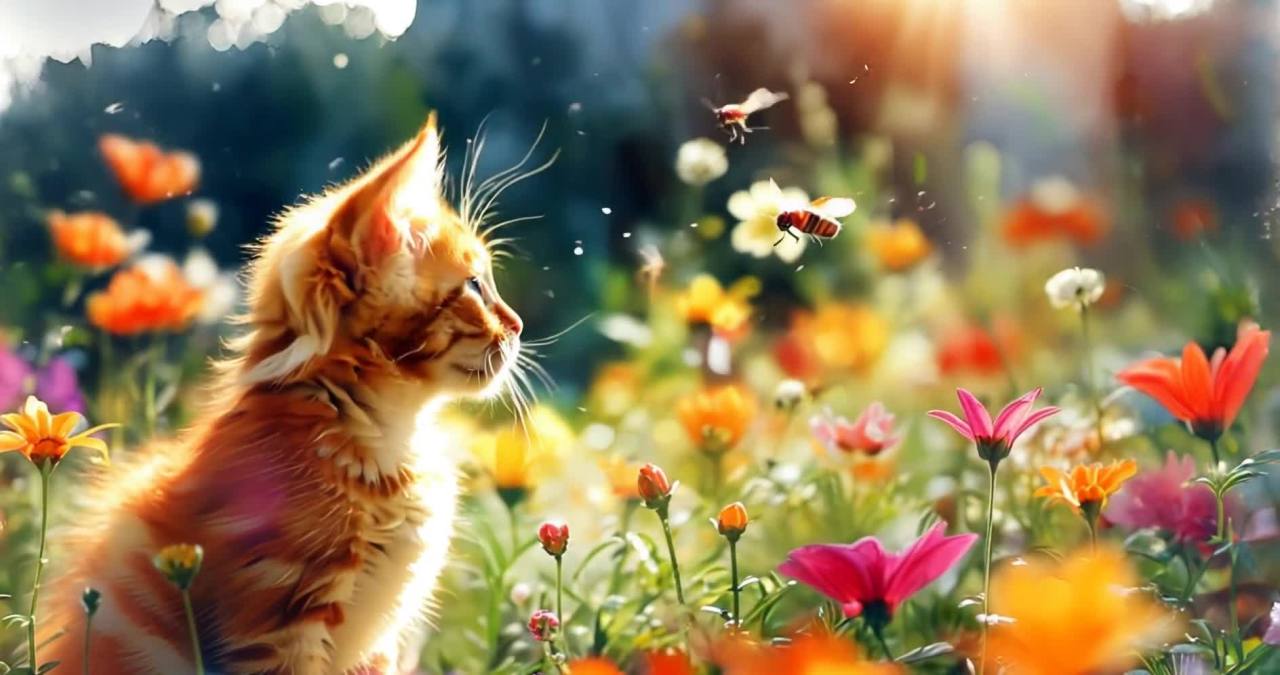 橘猫在彩色花丛中凝视，昆虫飞舞，光影梦幻。