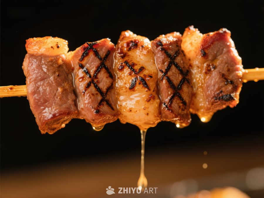 烤肉串上的美味牛肉滴油