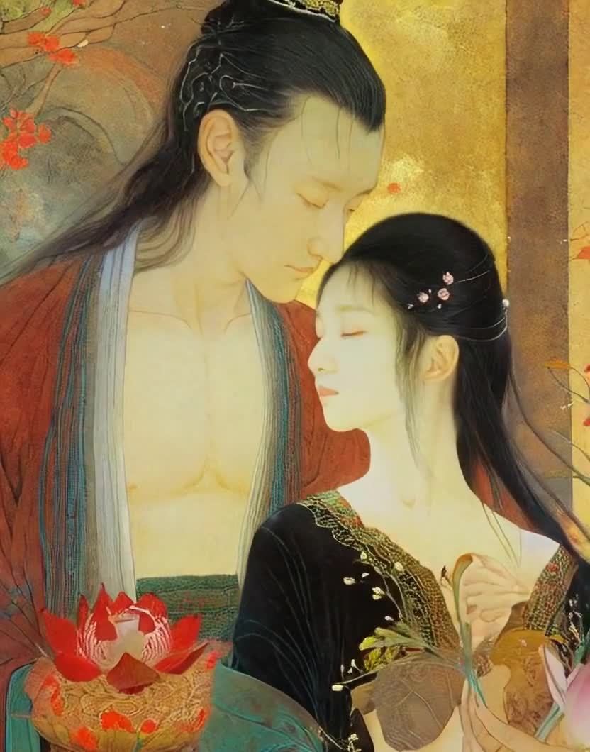 古典情侣依偎，女子闭眼，花与爱意流淌