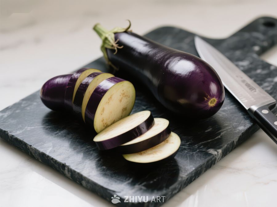 切片茄子与刀具置于石板上 313