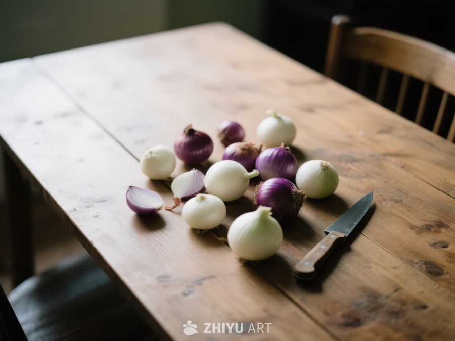 木桌上摆放的洋葱与刀具 205