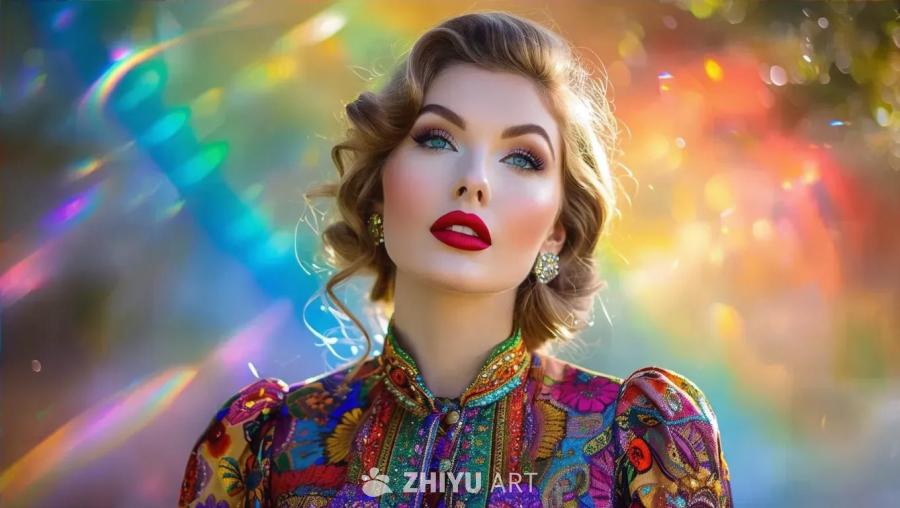 一位女士，留着卷曲的金发，涂着红色的口红，戴着耳环