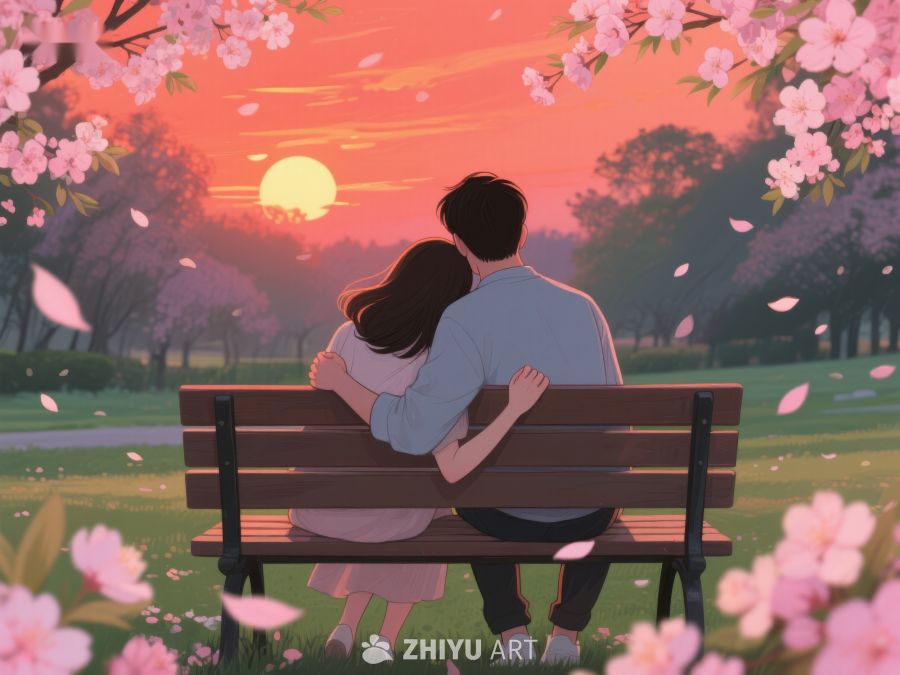 夕阳下樱花树旁的情侣 951