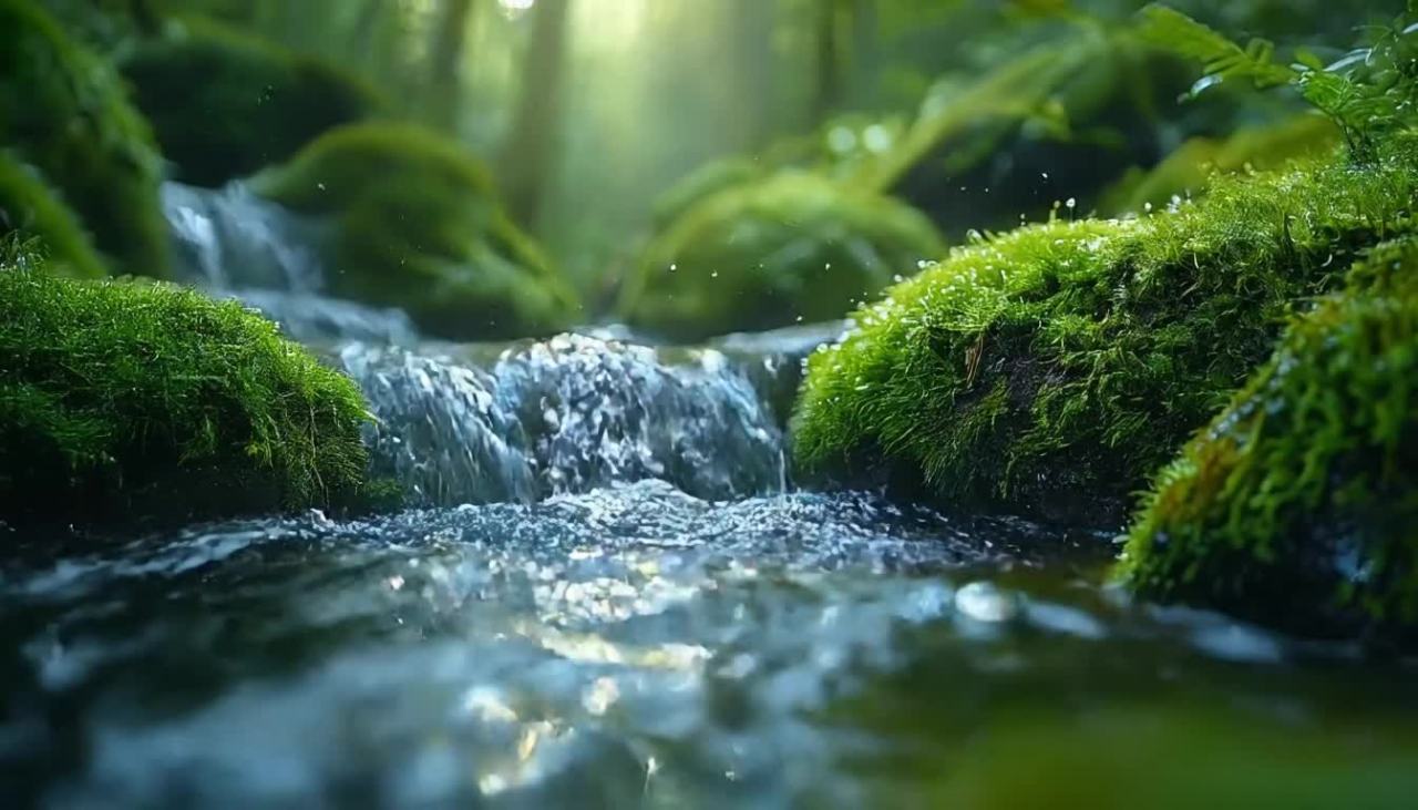 小溪流淌，水面波光粼粼。溪边布满青苔的石头，环境真