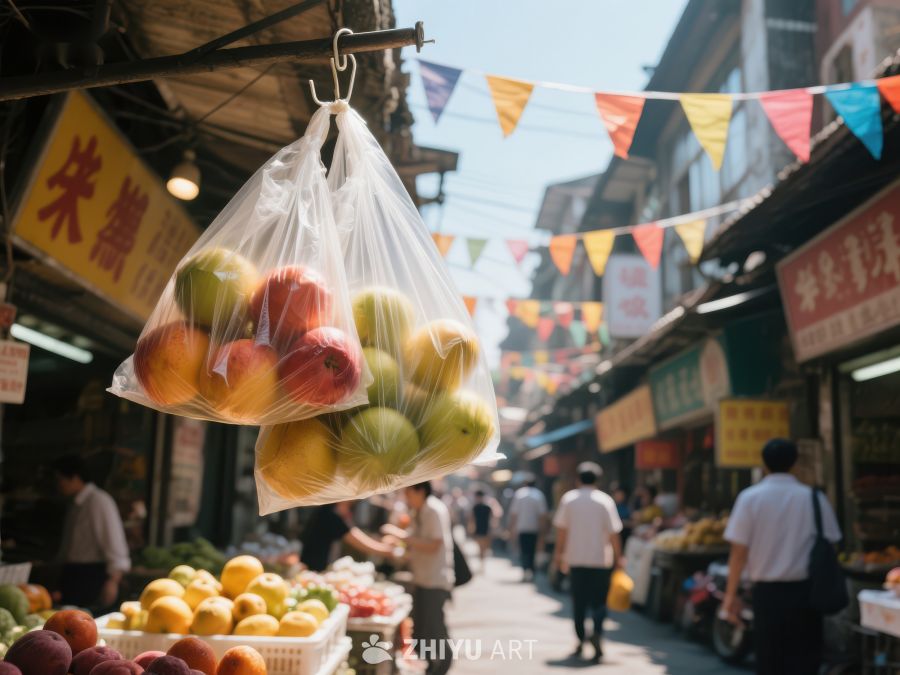 市场街景：塑料袋装满新鲜水果 517