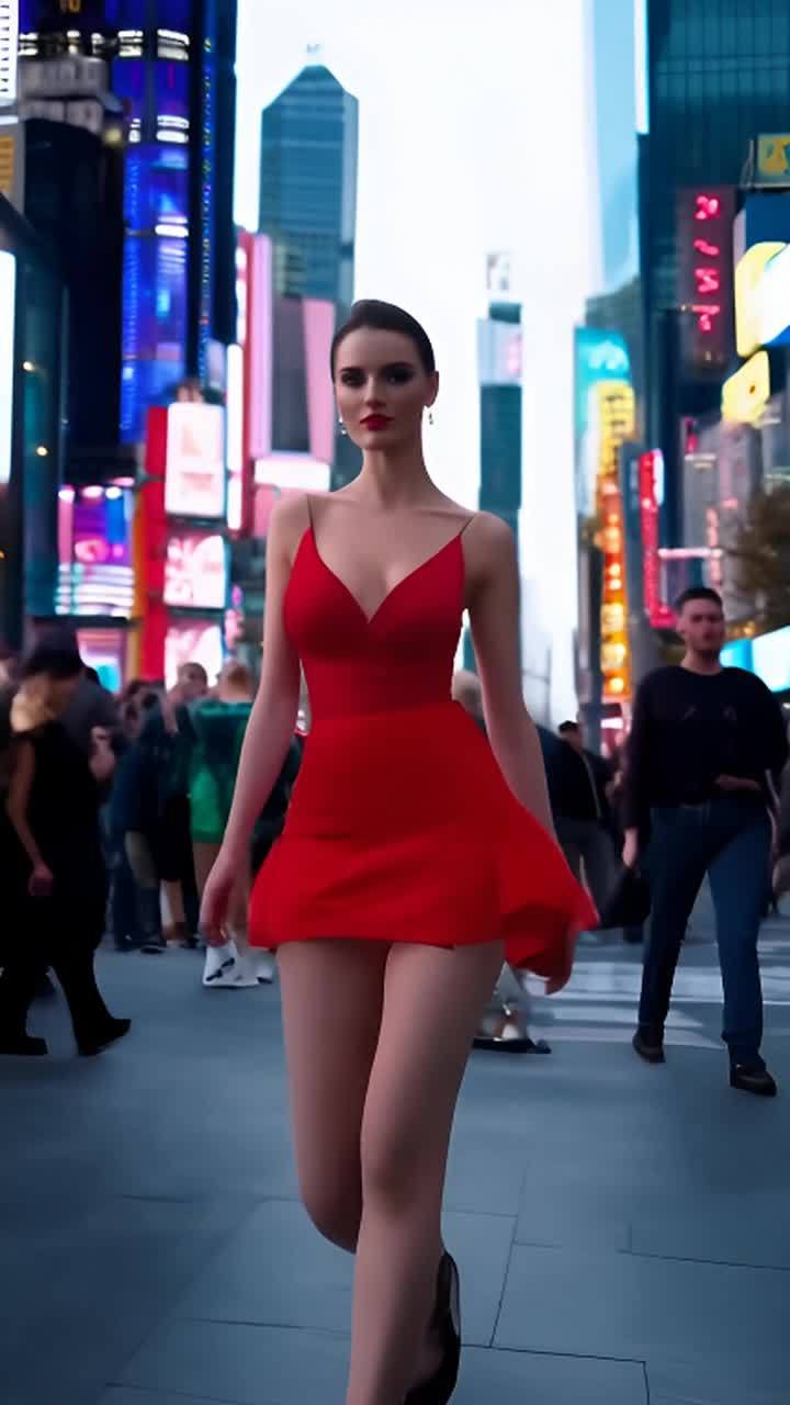 一位身穿红色短紧身连衣裙的女性走在街道上，街道背景