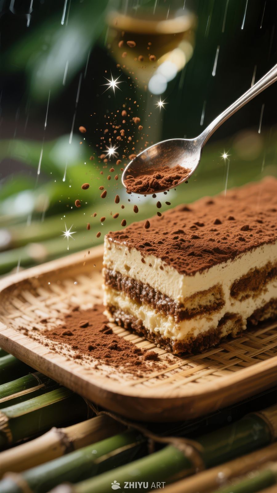 提拉米苏甜点，撒上可可粉的瞬间