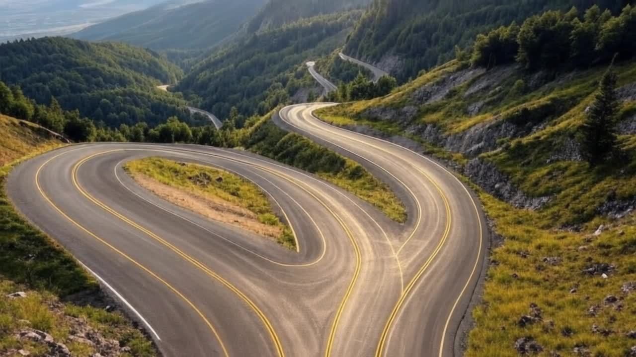 蜿蜒的山路，带有黄色标线，优雅地延伸到山谷中。道路