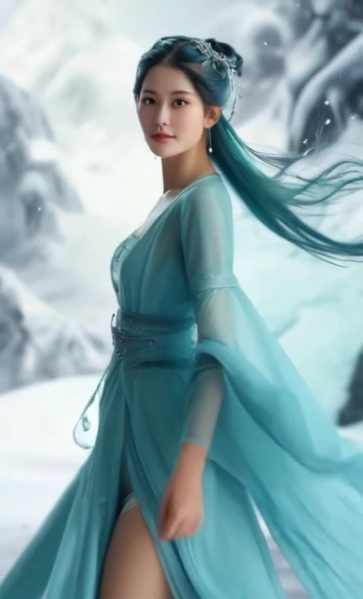 蓝衣女子飘逸长发旋转舞动