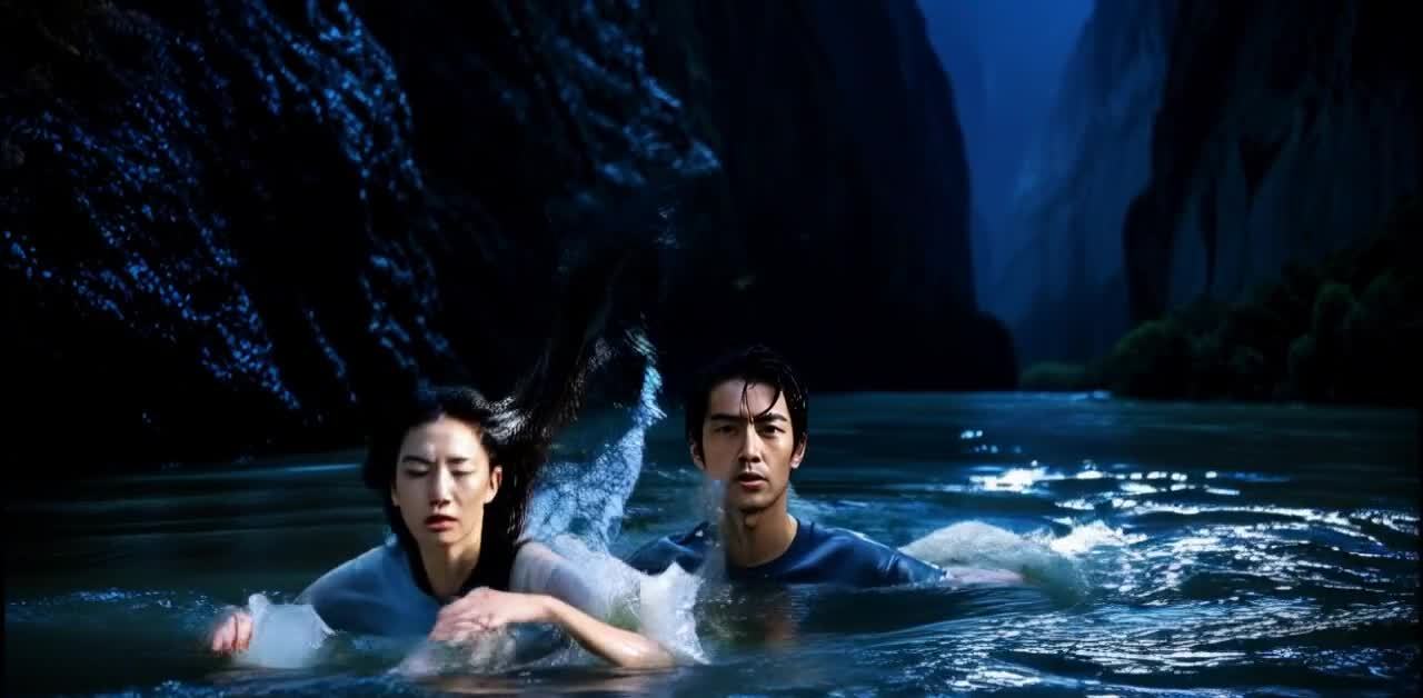 两个人站在水中，水流方向与镜头方向相反。两个人似乎