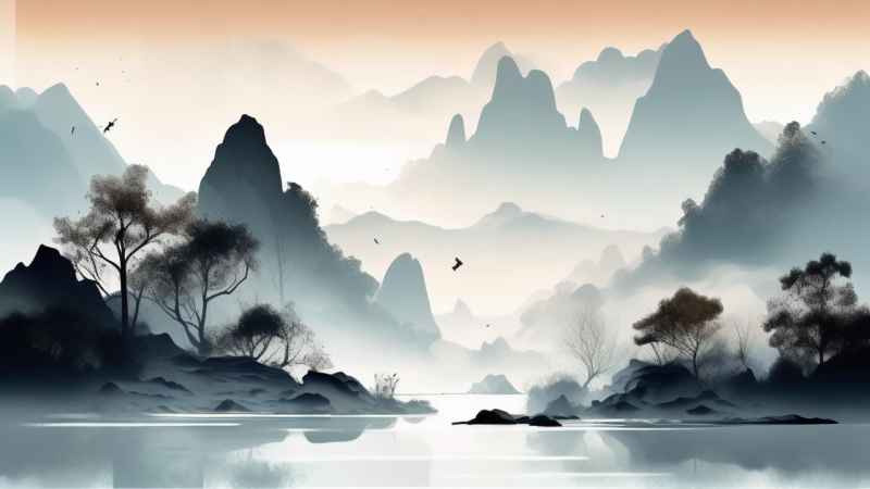国风水彩画山水风景插画 79