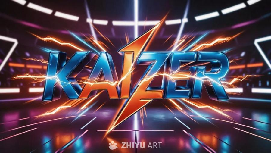 蓝色和橙色的3D字母“KAIzER”组合，带有脉冲