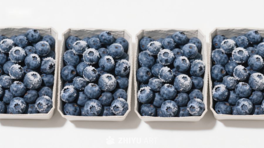 四盒冷冻蓝莓整齐排列