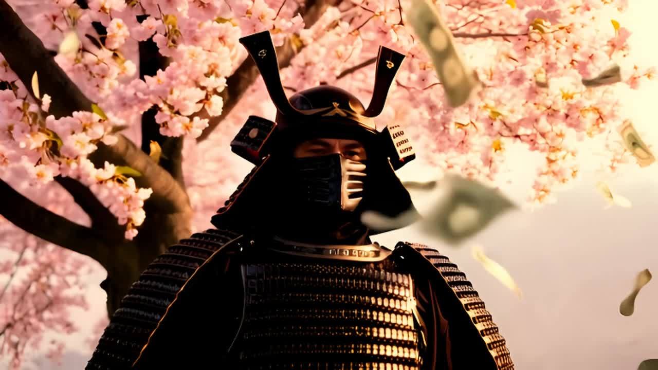 一位身穿深黑色武士盔甲的坚毅武士站在画面中央，胸前
