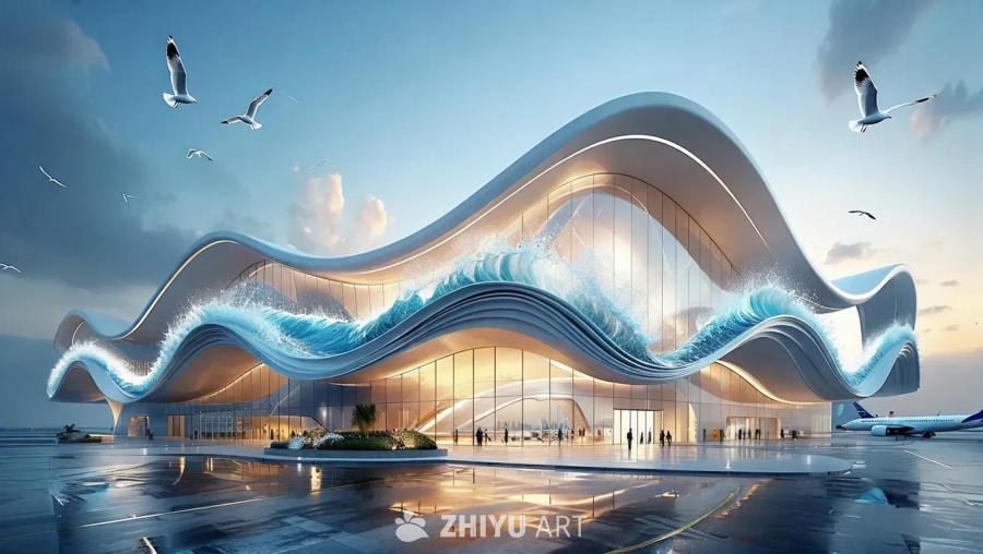 机场贵宾区入口处有一座建筑设计，其灵感来源于海浪和