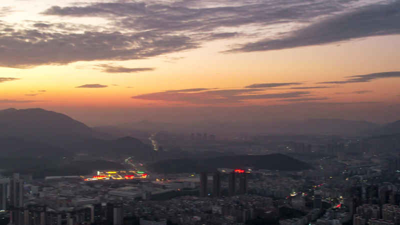  广东江门日落晚霞夜幕降临航拍