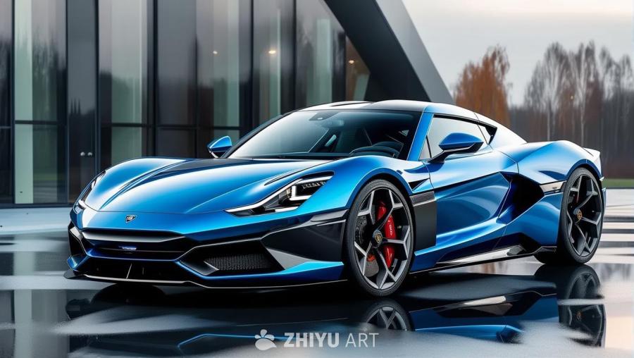一辆未来主义的蓝色汽车，具有Rimac Never