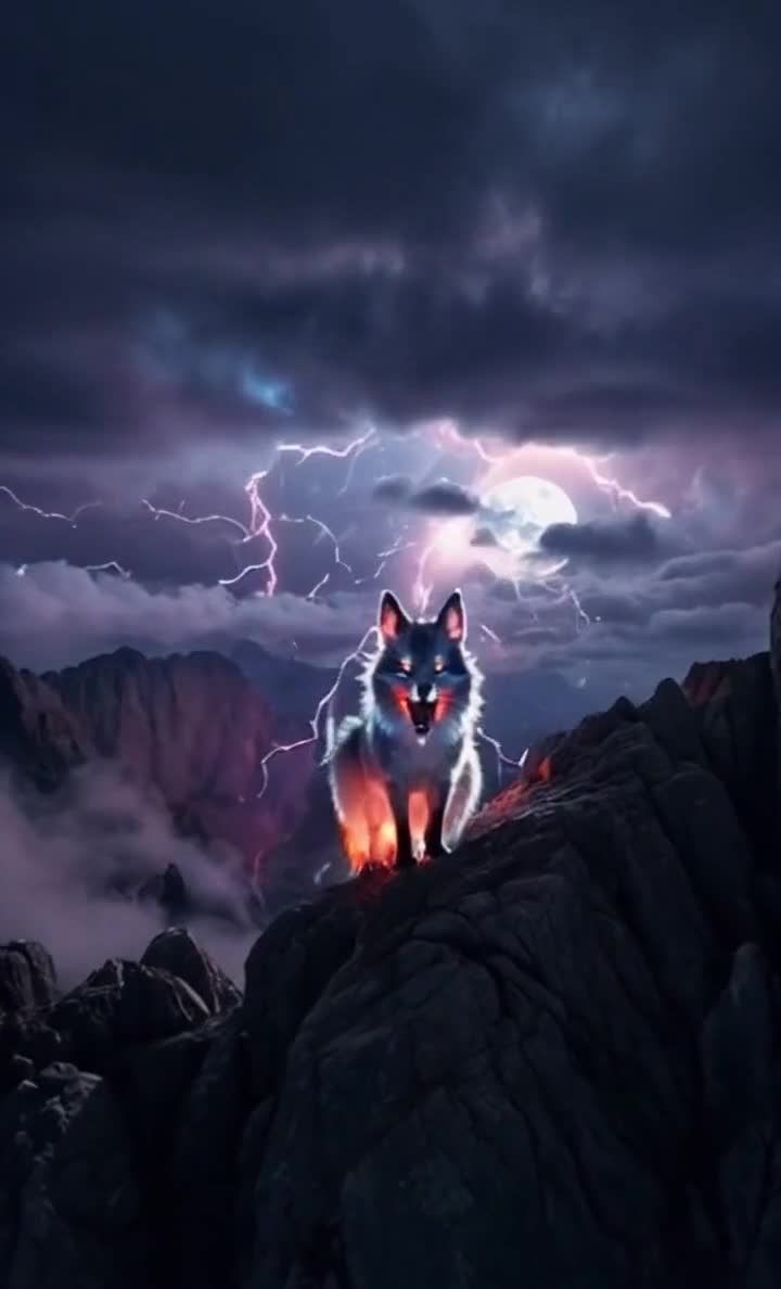 悬崖狼月夜，闪电交织，气势磅礴。