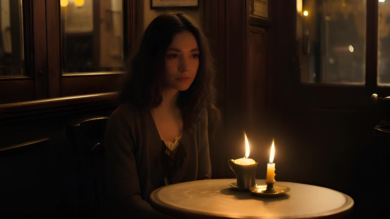 一位女性坐在小桌旁，手持点燃的蜡烛。她穿着灰色毛衣