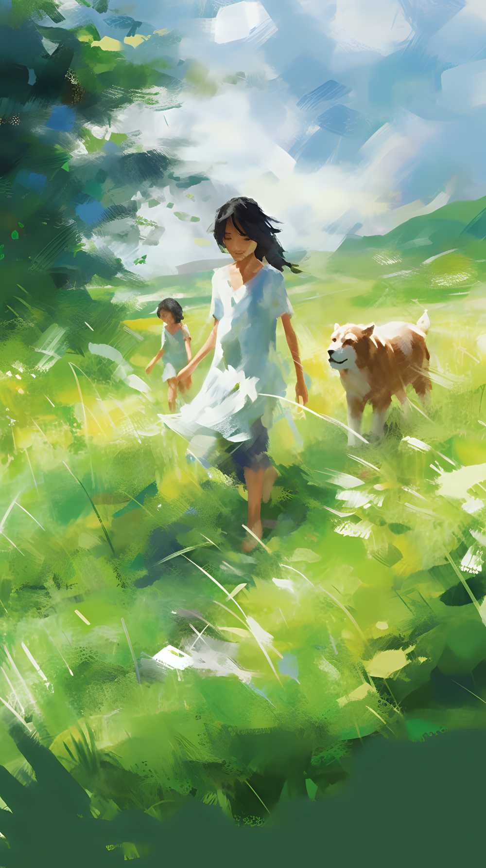 女孩在绿色的田野上奔跑