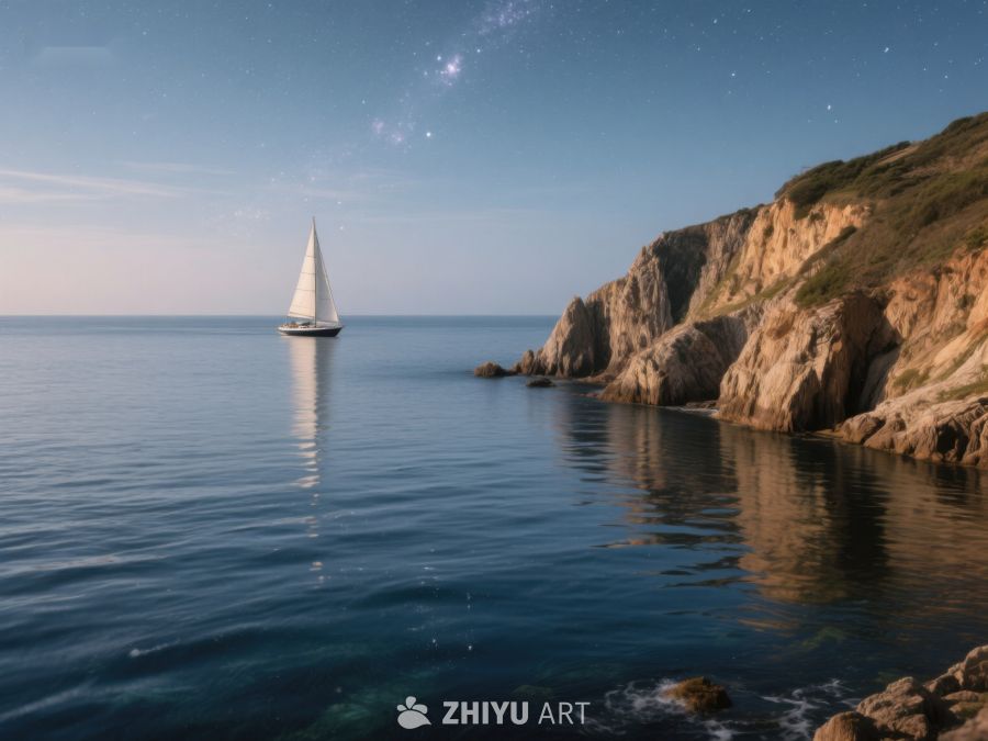 夜幕下的帆船与海岸 481