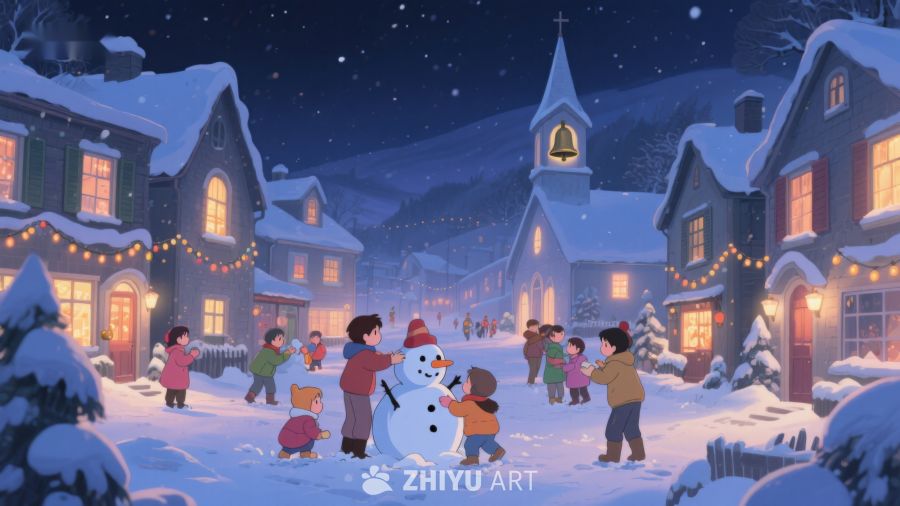 冬夜雪景中的欢乐堆雪人 106