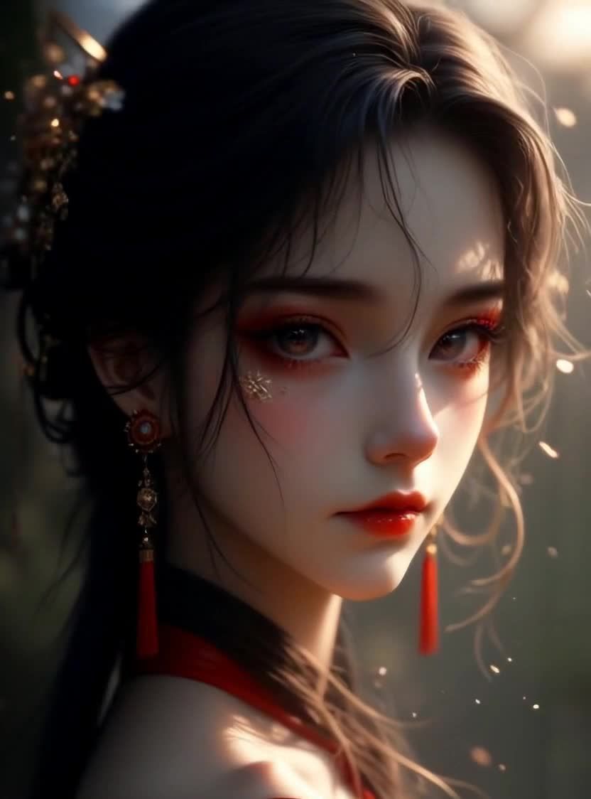 一个年轻女子，面部妆容精致，眼影是红色，眼角有金色
