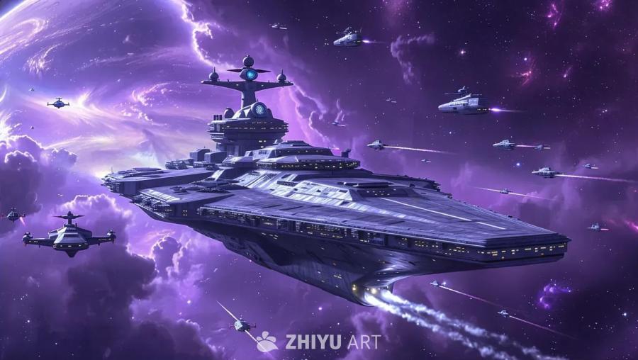 星空中，一艘大型旗舰飞船在紫色星云中航行，周围有许