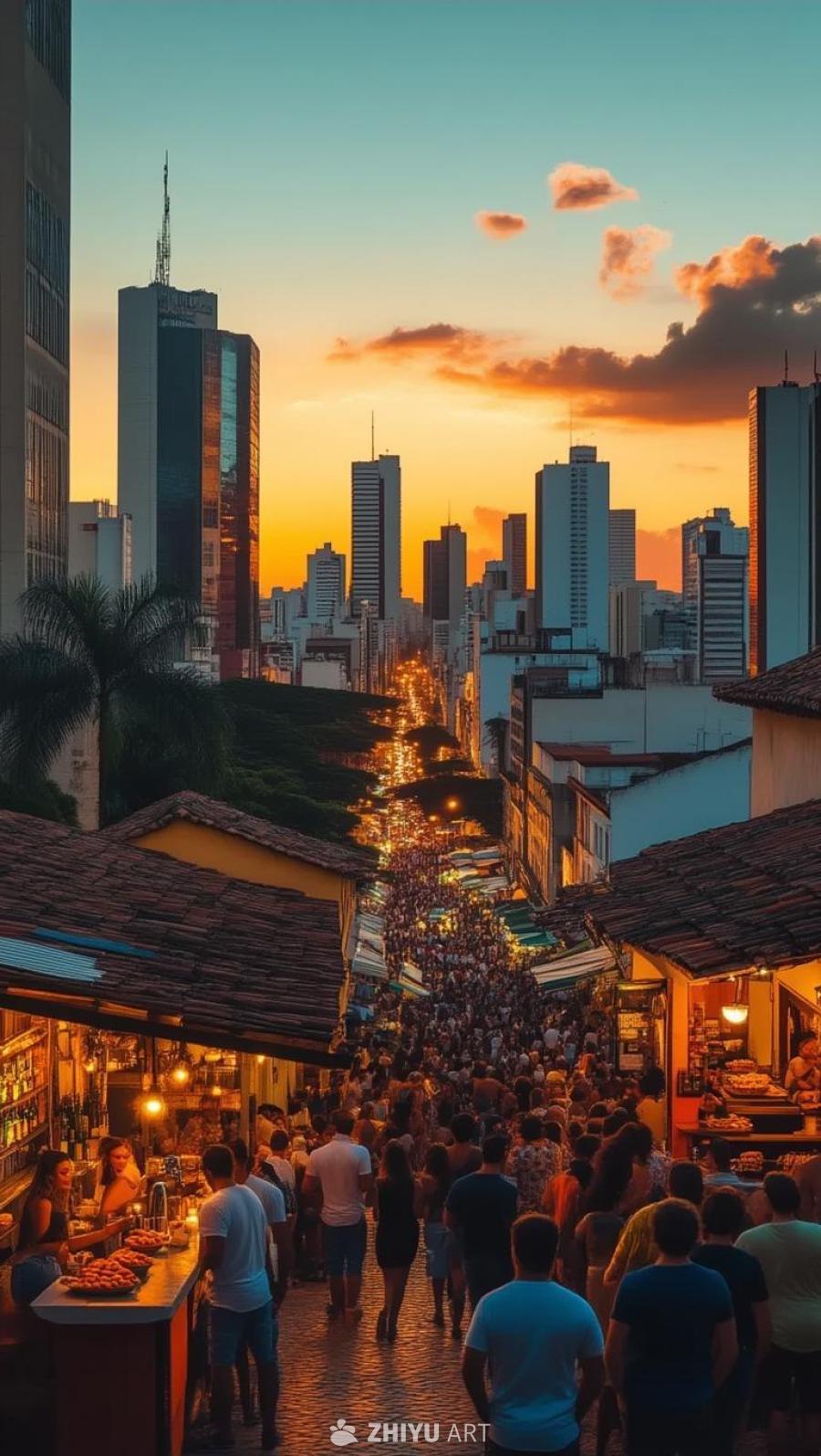 远处的地平线上矗立着高楼大厦，天空呈现出日落时分的
