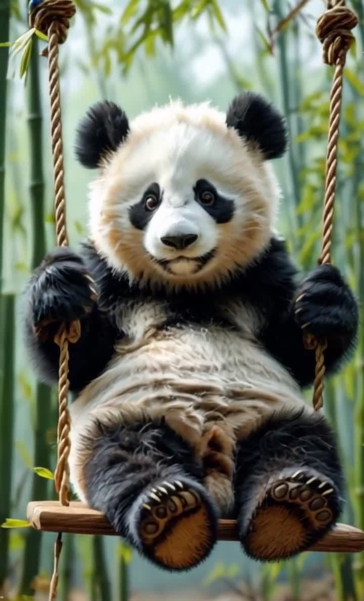 一只熊猫坐在竹林中的秋千上。 秋千由棕色的绳索悬挂
