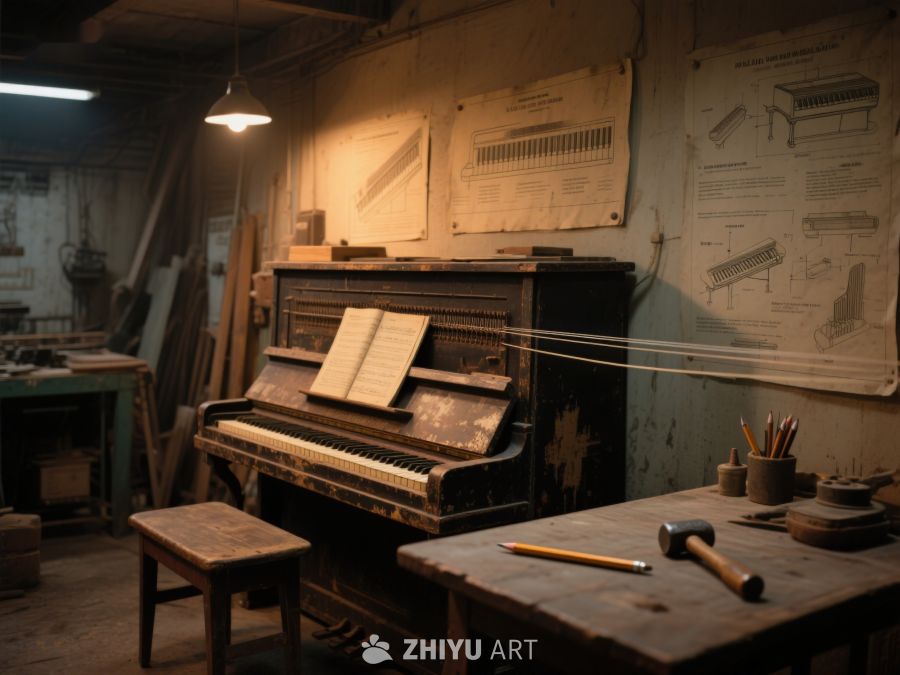 旧钢琴与工作台的复古工作室 196