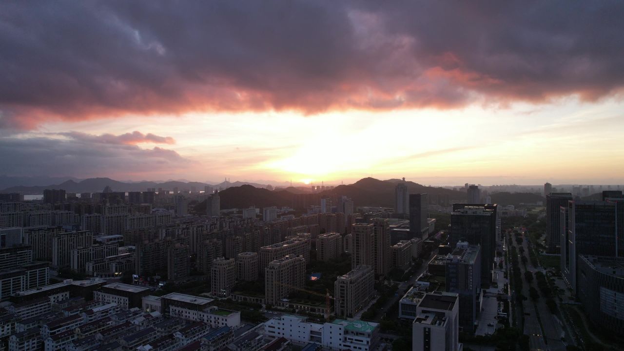 城市朝霞彩霞日出台州日出航拍