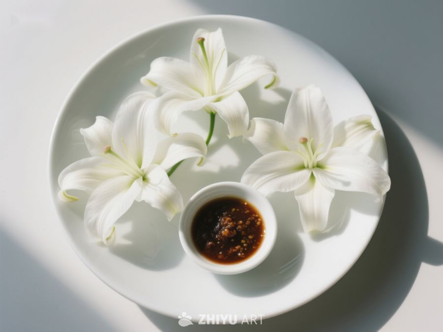 白盘上的百合花与酱料 10