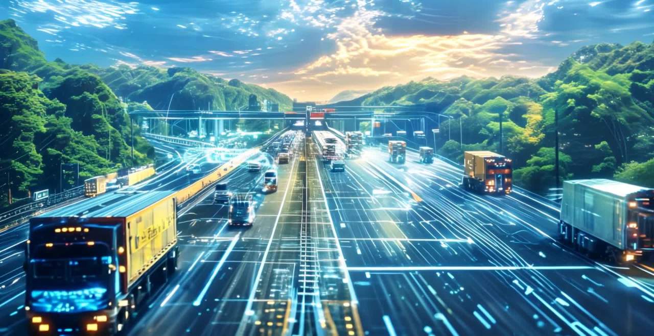 多辆汽车行驶在公路上，科技信息线缓慢流动，天空中有