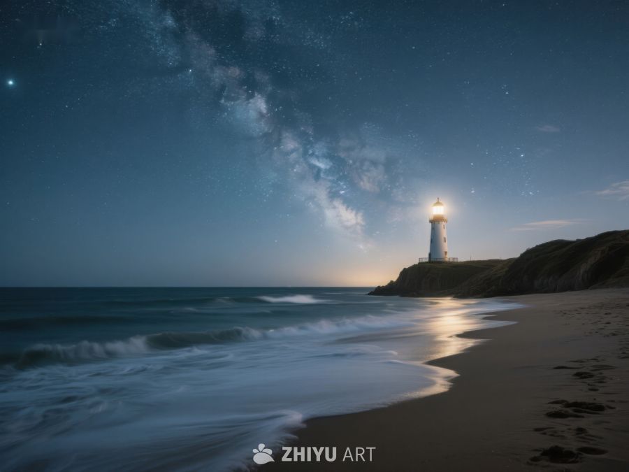 夜空下的灯塔与海滩 292
