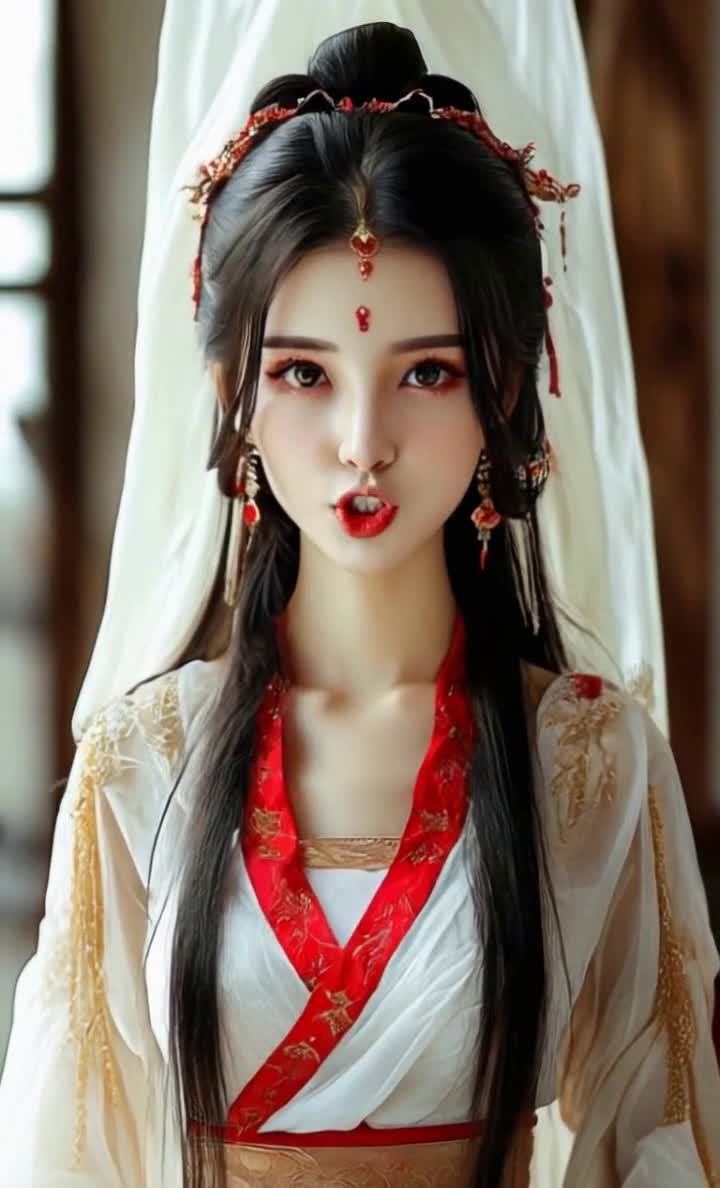 一位身着古风服饰的女子，她留着乌黑长发，发间佩戴红