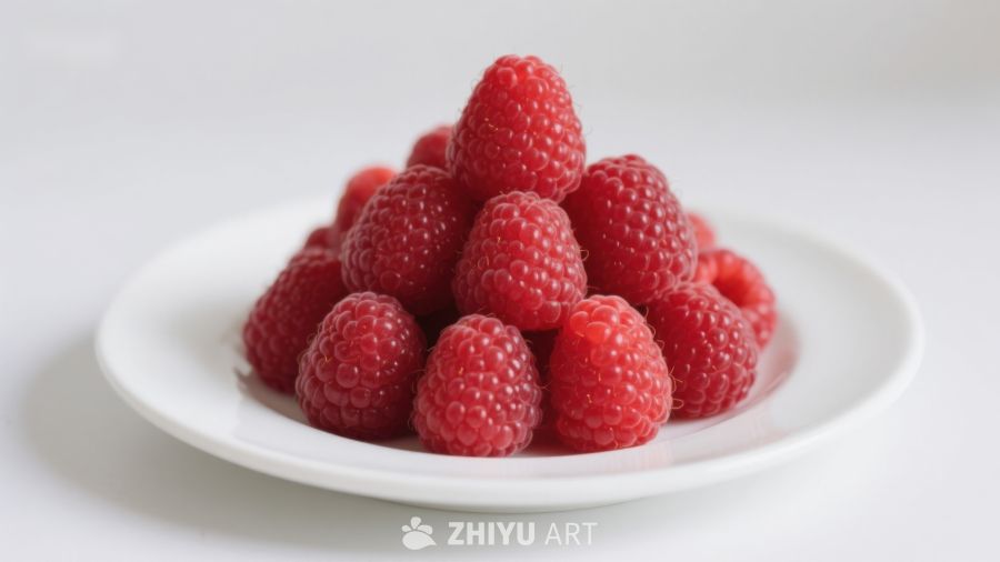 新鲜覆盆子堆叠在白色盘中