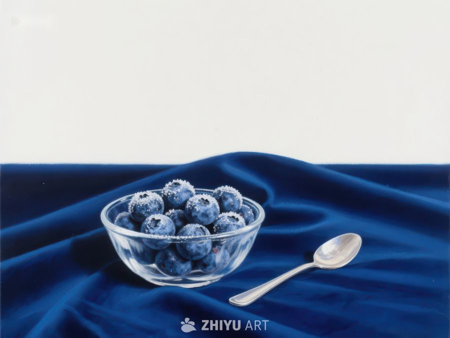 蓝莓玻璃碗与银勺静物 178