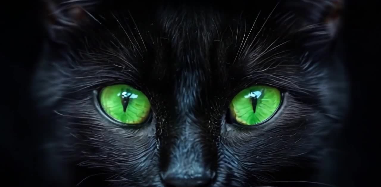 黑猫特写：鲜绿瞳孔，毛发细节，深黑背景。