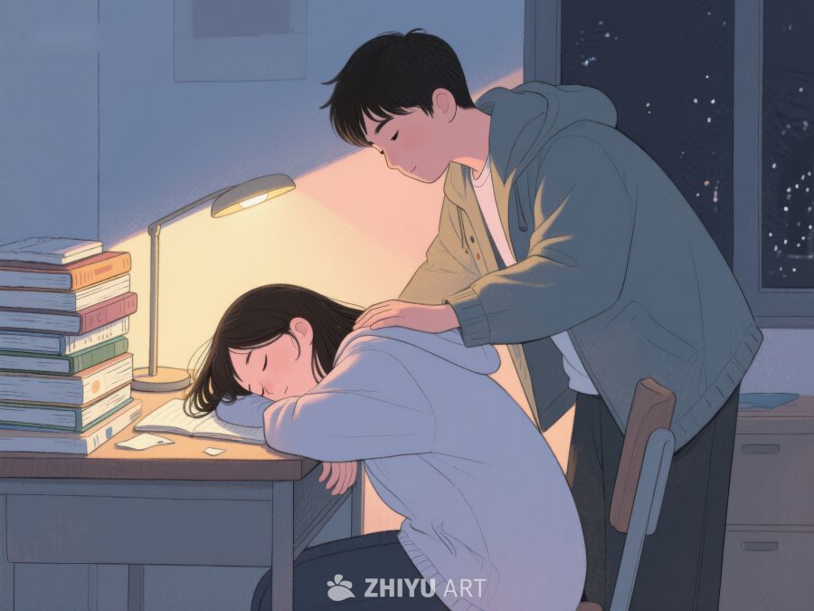 夜深学习，同伴轻抚安慰 1071