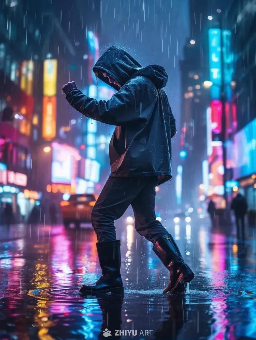夜间，在霓虹灯闪烁的城市街道上，一位穿着连帽衫和雨