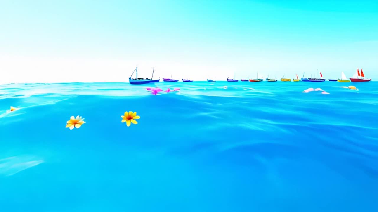 碧蓝的海水波光粼粼，海面上漂浮着粉红和黄色的花朵。