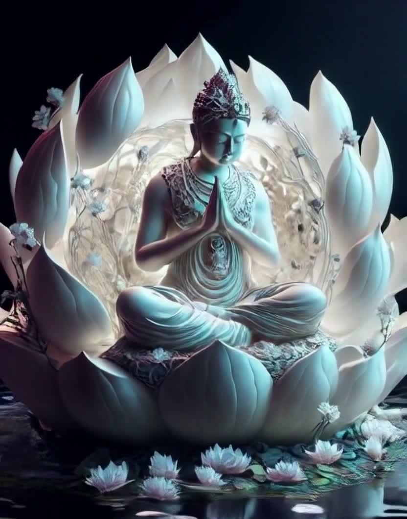 一尊佛像端坐于巨大的莲花之上，呈打坐姿势，双手合十